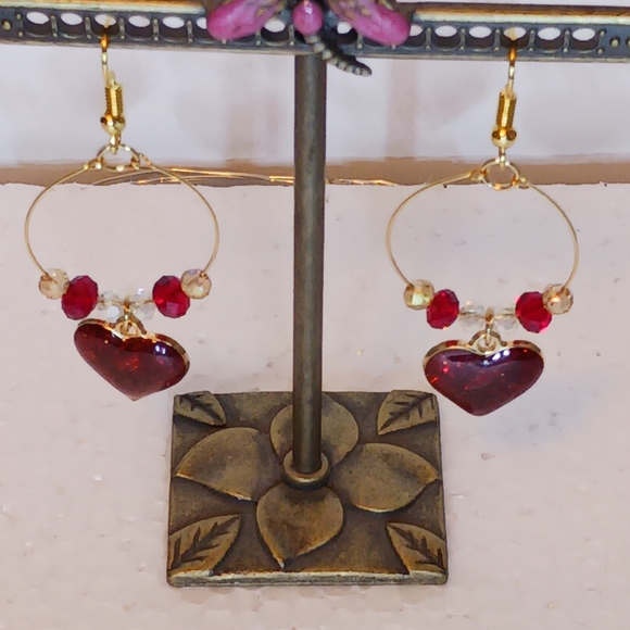 Earrings Enameled Red heart charm & crystals on gold-plated wire ring & earwire. - Picture 2 of 6